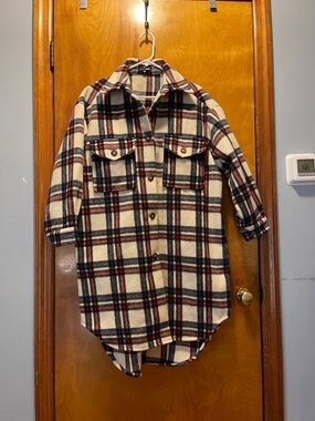 Fashion Nova Cream Plaid Blanket Coat with Black, Red & Blue Accents